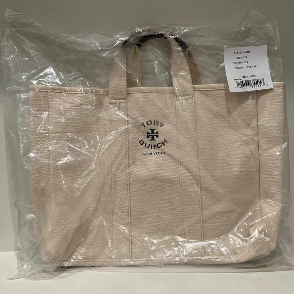 TORY BURCH Mercer Street Canvas Tote Bag - Natural - Cotton Lined 16” Width